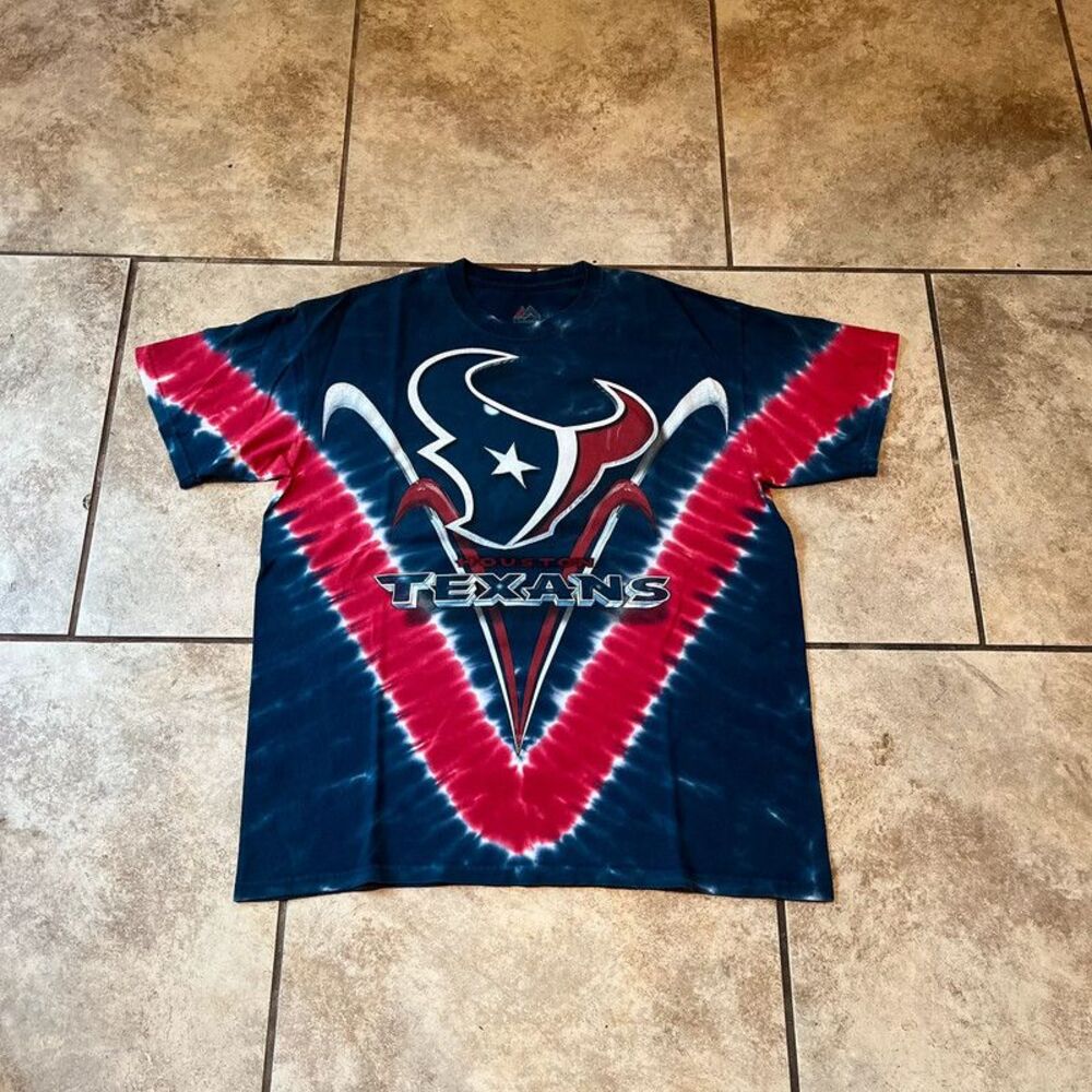 Official Houston Texans Majestic V Tie-Dye T-Shirt NFL Gear | Size L